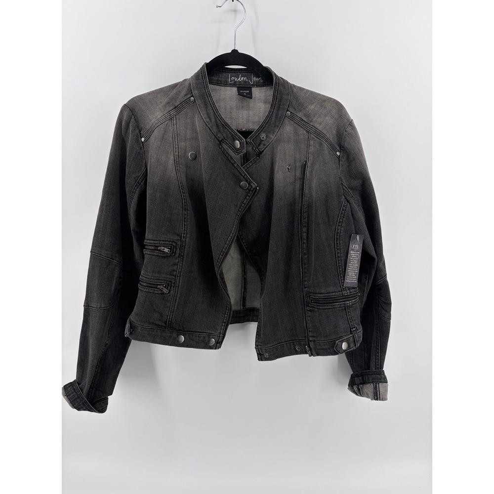 London Jean, Gray Faded Moto Jacket, Asymmetrical Cropped Zipper Design, Women M
